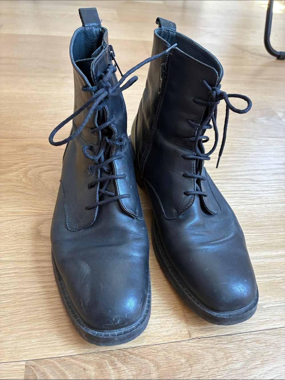 Women’s Black Leather Lace-Up Ankle Boots with Square Toe